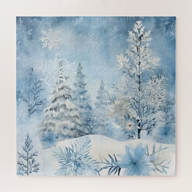Puzzle Arbres à neige bleu et blanc en hiver (Horizontal)