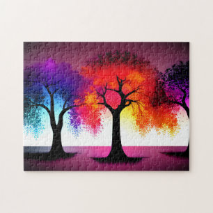 Puzzle Arbres Abstraits en silhouette rouge jaune jaune