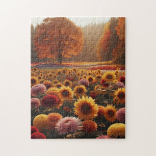 Puzzle Arbres d'automne/ champ avec chrysanthèmes