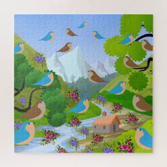 Puzzle Arbres de la nature Oiseaux Fleurs Rivière Maison, (Horizontal)