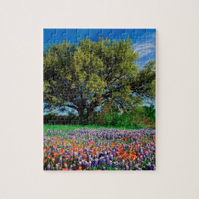 Puzzle Arbres Live Oak parmi des Bluebonnets de Texas (Vertical)