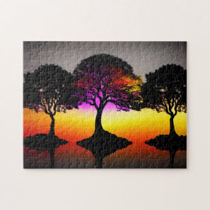 Puzzle Arbres noirs avec Arrière - plan coucher de soleil