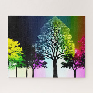 Puzzle Arbres noirs silhoués avec fond arc-en-ciel