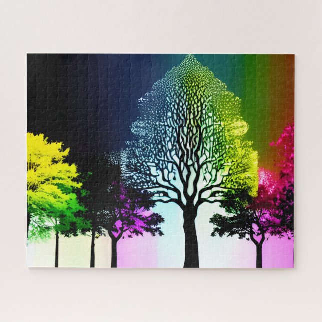 Puzzle Arbres noirs silhoués avec fond arc-en-ciel (Horizontal)