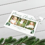 Puzzle Arbres rustiques Vacances de Noël modernes 3 Photo<br><div class="desc">Joli, moderne mais rustique Puzzle photo de Noël mettant en vedette d'adorables petites forêts de sapins de Noël rustiques et Joyeux Noël dans la typographie moderne. Ajoutez trois de vos photos préférées et un accueil personnalisé pour un cadeau de puzzle de vacances parfait! Veuillez nous contacter à cedarandstring@gmail.com si vous...</div>