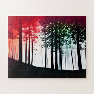Puzzle Arbres silhoués dans une forêt de Foggy Mist rouge