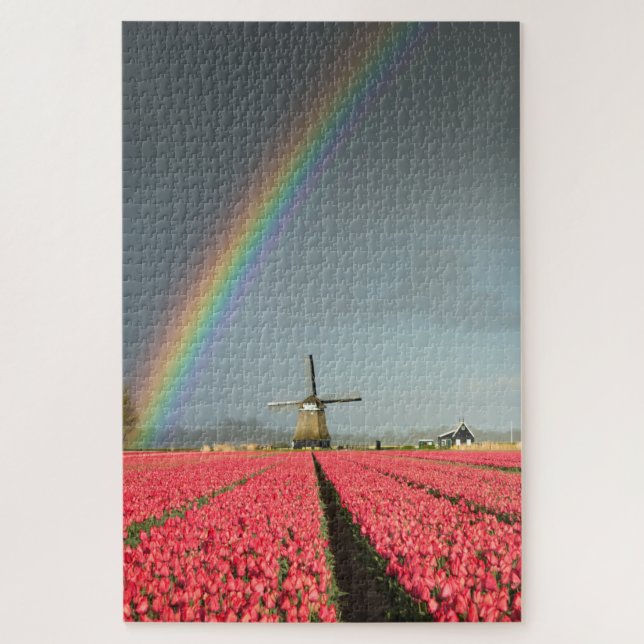 Puzzle Arc-en-ciel, tulipes et moulin à vent en Hollande (Vertical)