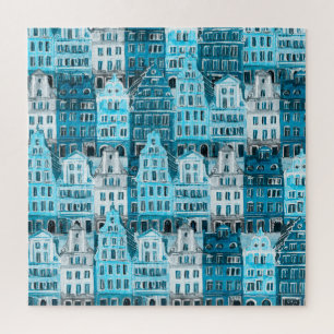 Puzzle Architecture d'Amsterdam, aquarelle bleue.