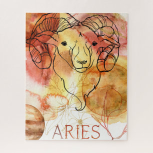Puzzle Aries Ram zodiac rouge planètes or fleurs