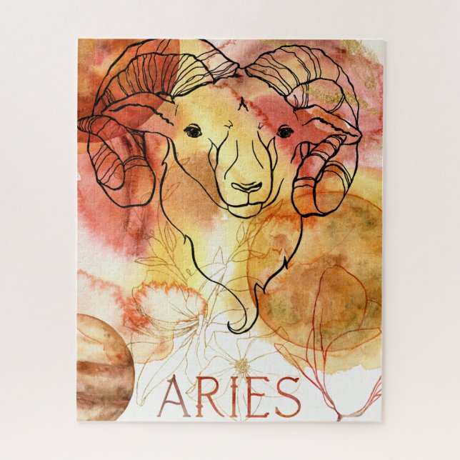 Puzzle Aries Ram zodiac rouge planètes or fleurs (Vertical)