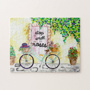 Puzzle Arrêtez et sentez le vélo Rose Watercolor Flowers