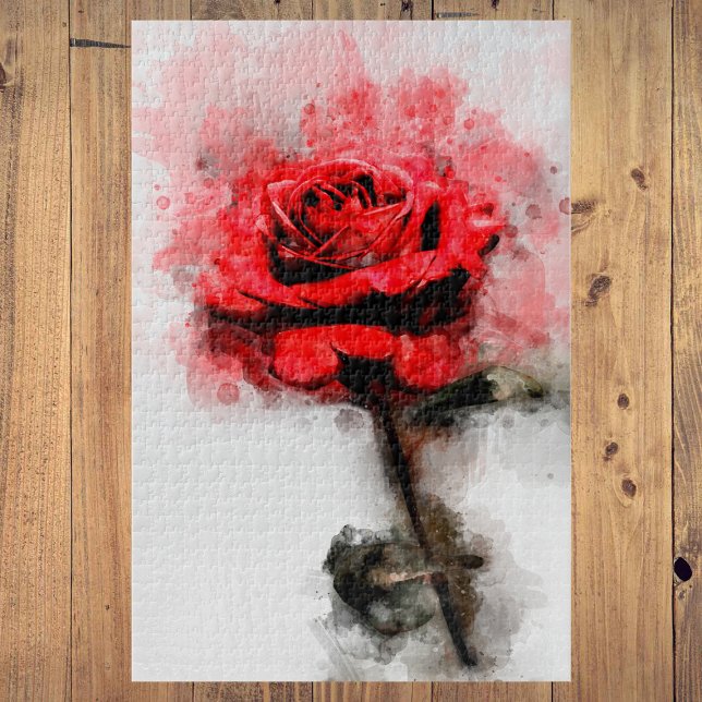 Puzzle Art aquarelle d'une rose rouge sur fond blanc (Red Rose Watercolor Art on White Background. Jigsaw Puzzle)
