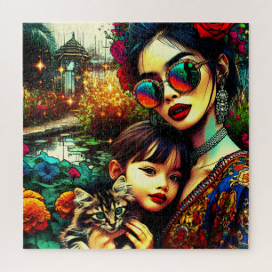 Puzzle Art coloré Maman et fille Jardin Fleur asiatique