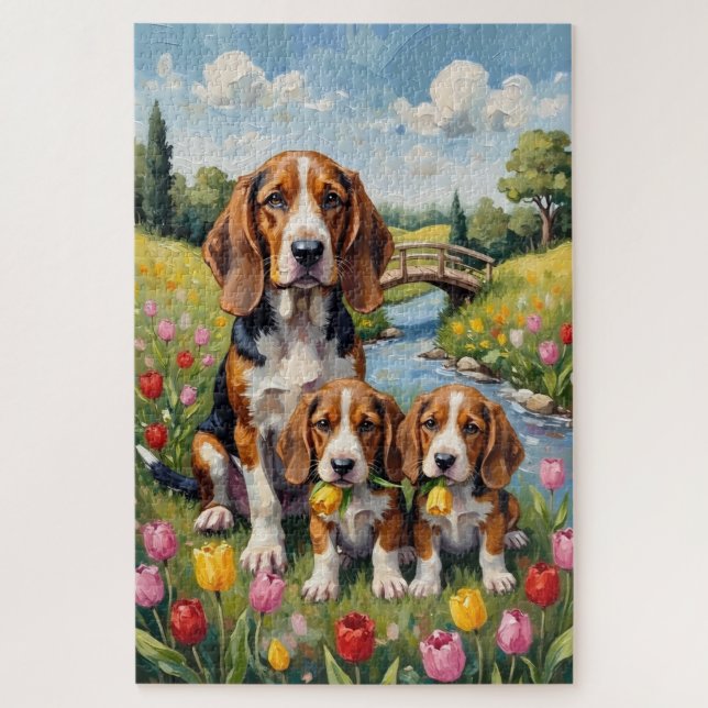 Puzzle Art de Basset Hound Prairie de Tulipe (Vertical)