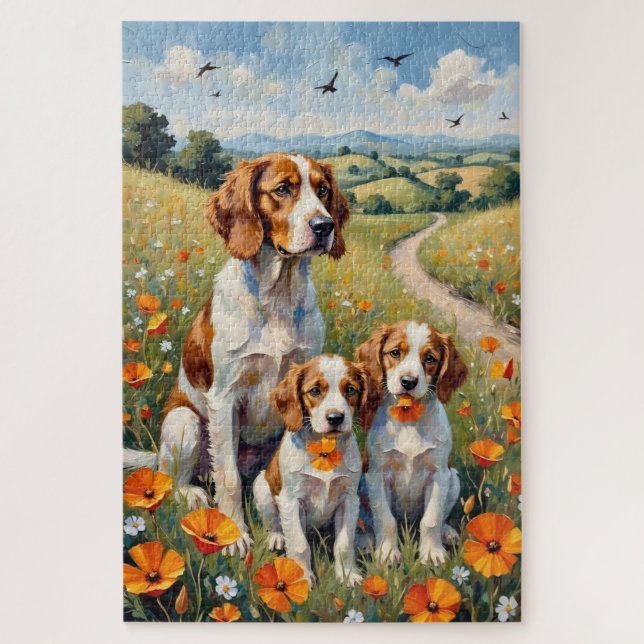 Puzzle Art de champ de coquelicots avec épagneul breton (Vertical)