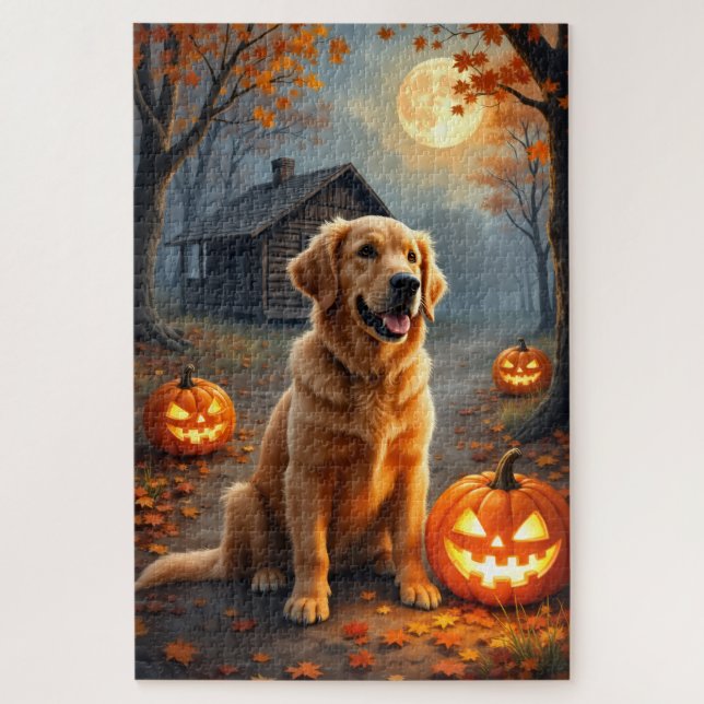 Puzzle Art de Halloween Forêt Cosy Golden Retriever (Vertical)
