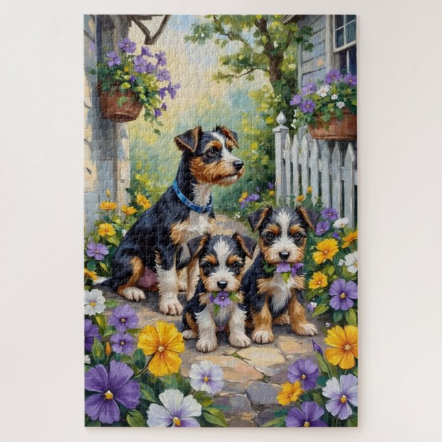Puzzle Art de jardin aux pensées avec Biewer Terrier (Vertical)