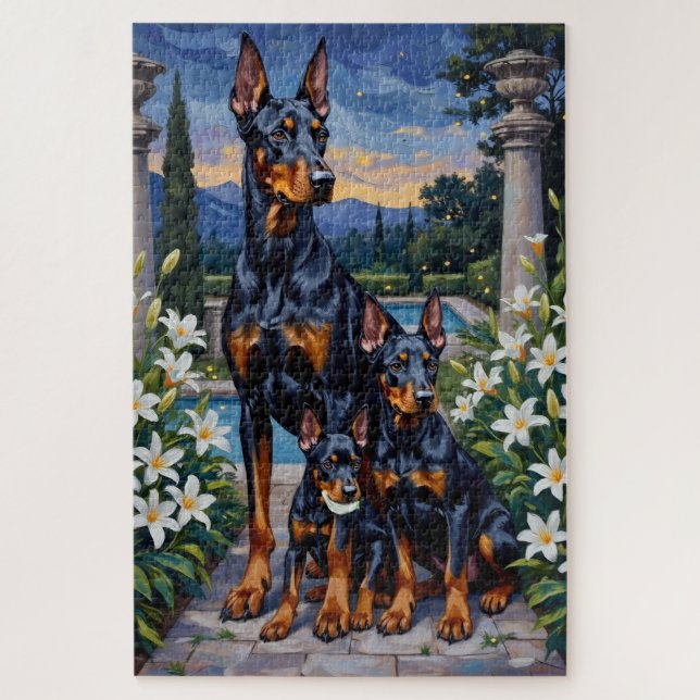 Puzzle Art de jardin de lys au crépuscule avec Doberman (Vertical)