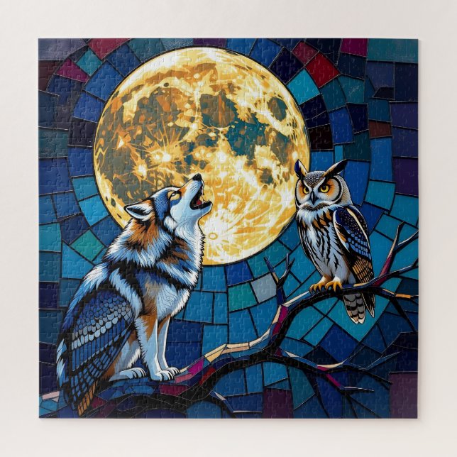 Puzzle Art de mosaïque de loup et de hibou (Vertical)