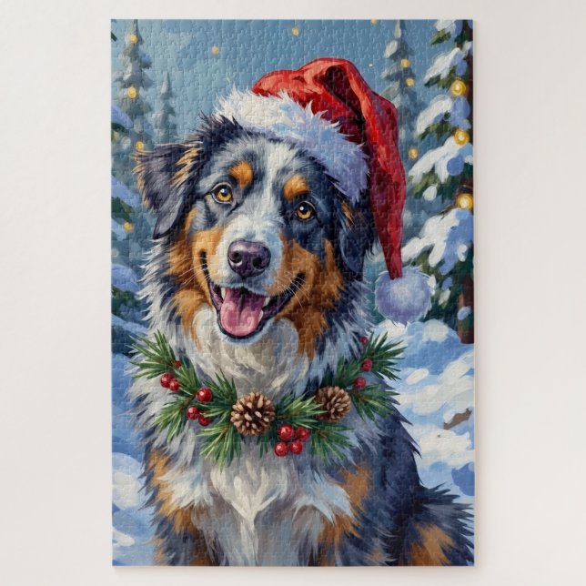 Puzzle Art de Noël d'hiver Berger Australien Merle (Vertical)