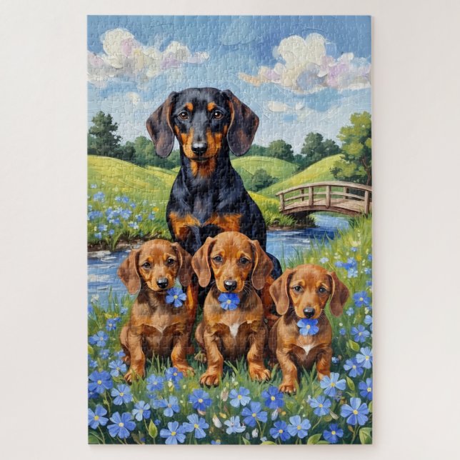 Puzzle Art de prairie de Dachshund Forget-Me-Not (Vertical)