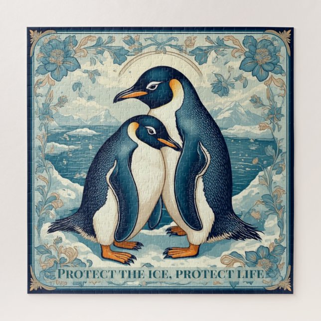Puzzle Art Deco Penguin Ice Bird Couple Floral Snow Ocean (Vertical)