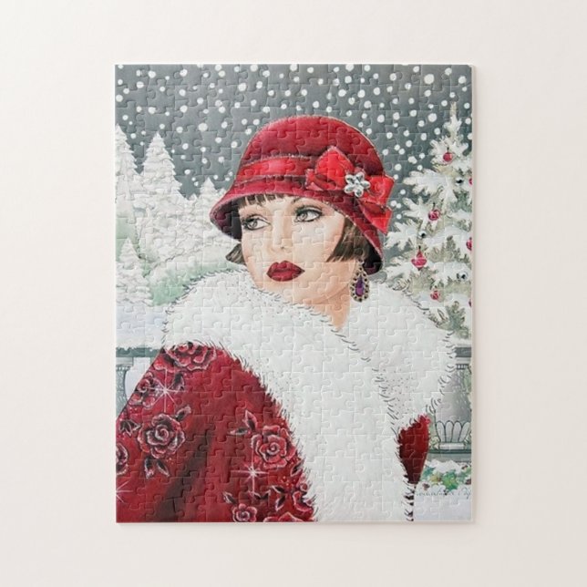 Puzzle Art déco rétro vintage dame de Noël (Vertical)