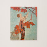 Puzzle Art Déco vintage, Oiseau de Flighty par George Bar<br><div class="desc">Illustration vintage image art déco représentant une belle femme de la mode vêtue d'une robe fleurie avec son oiseau de compagnie avec de longues plumes de queue dans un arbre. Une cage vide dont l'oiseau s'est échappé se trouve sur le sol à côté de la femme glamour. Flighty Bird (L'Oiseau...</div>