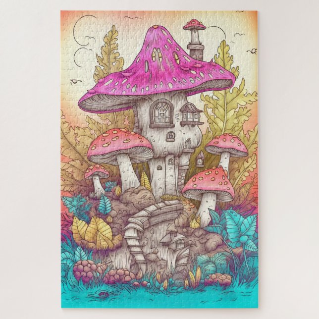 Puzzle Art d'illustration du village de champignons rétro (Vertical)