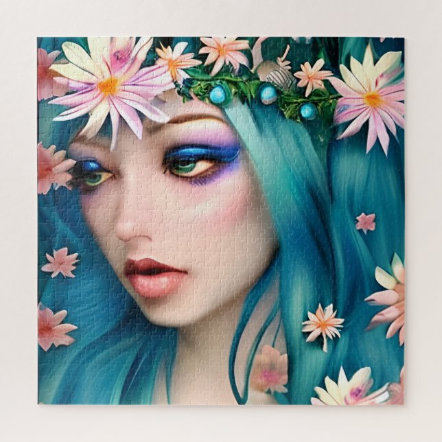 Puzzle Art Éthéré | Belle Fée aux Cheveux Bleus (Vertical)
