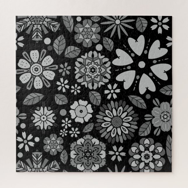 Puzzle Art Floral Noir Et Gris Rétro Motif sans couture (Vertical)