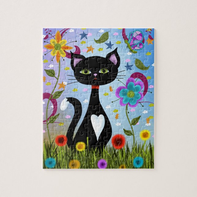Puzzle Art folk abstrait : Charmant chat noir et blanc  (Vertical)