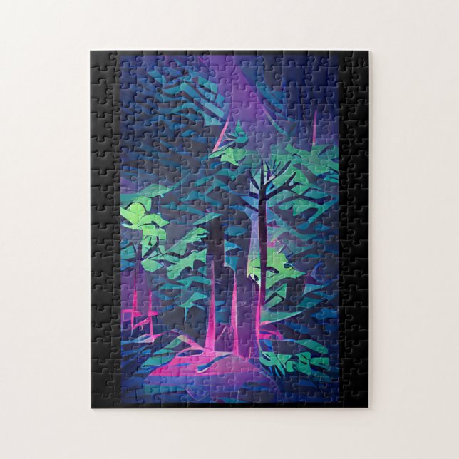 Puzzle Art graphique abstrait forestier rose et vert (Vertical)