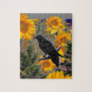 Puzzle art noir de corneille et de tournesols