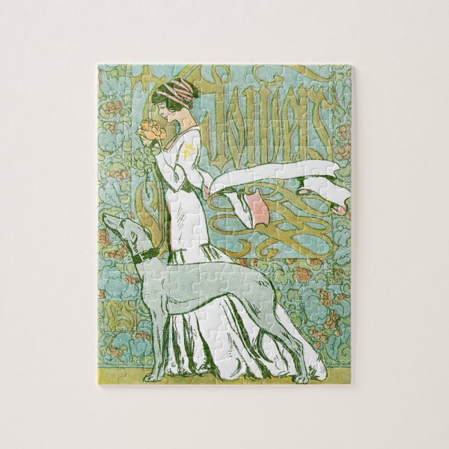 Puzzle Art Nouveau Greyhound et dame à la fleur (Vertical)