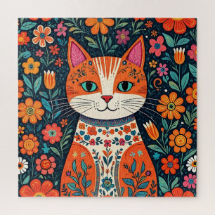 Puzzle Art populaire Whimsical Chat et Fleurs