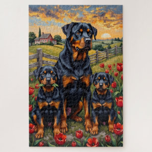 Puzzle Art Rottweiler Champ de Tulipes