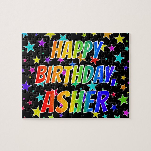 Puzzle "ASHER" Prénom, Amusant "HEUREUX ANNIVERSAIRE" (Horizontal)
