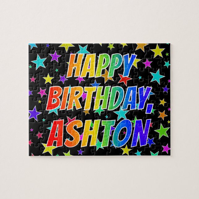 Puzzle "ASHTON" Prénom, Amusant "HEUREUX ANNIVERSAIRE" (Horizontal)