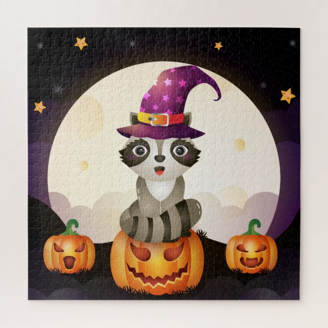 Puzzle Assistant Raccoon mignon, Citrouilles et lune (Vertical)