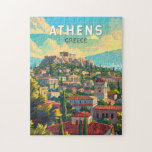 Puzzle Athens Grèce Travel Art Vintage<br><div class="desc">Athènes design de voyage vectoriel rétro. La ville est encore dominée par des monuments du Vème siècle avant JC,  dont l'Acropole,  une citadelle au sommet d'une colline surmontée de bâtiments anciens comme le temple colonné du Parthénon.</div>