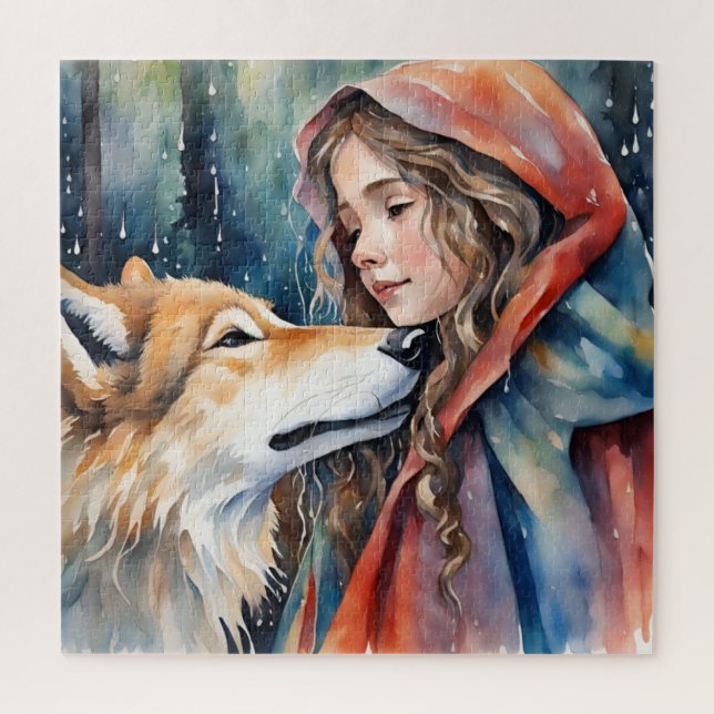 Puzzle Au bord d'un conte de fées : une fille et un loup (Vertical)