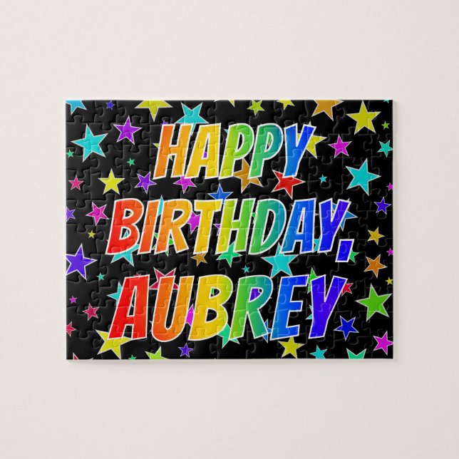 Puzzle "AUBREY" Prénom, Amusant "HEUREUX ANNIVERSAIRE" (Horizontal)