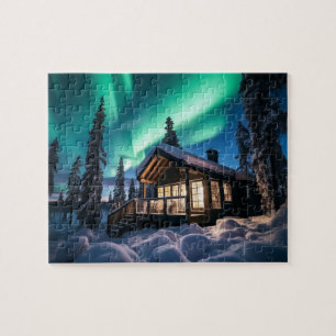 Puzzle Aurora borealis au-dessus du cabine d'hiver
