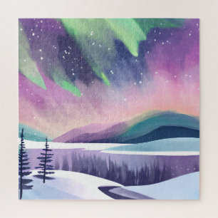 Puzzle Aurores Boréales Nuit d'Hiver Colorée Aquarelle