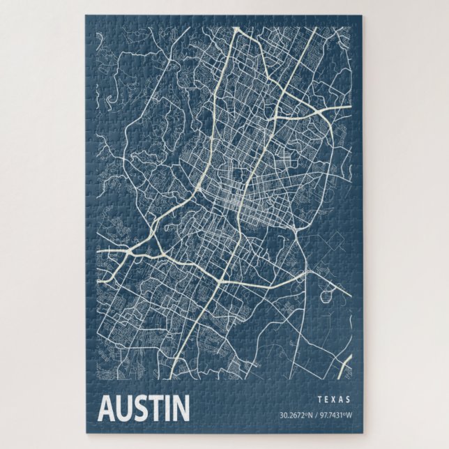 Puzzle Austin Texas City Plan Line Art Blue Imprimer (Vertical)