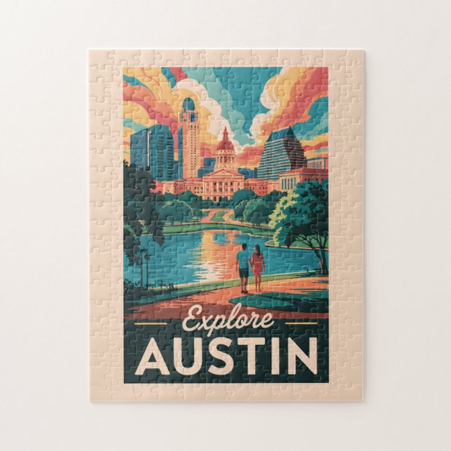 Puzzle Austin Texas Skyline Travel Art Vintage (Vertical)