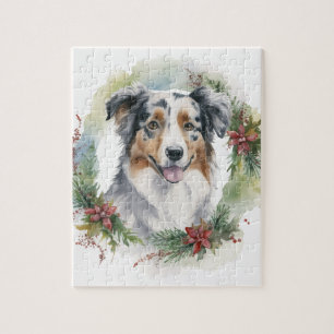 Puzzle Australian Shepherd Christmas Wreath Festive Pup