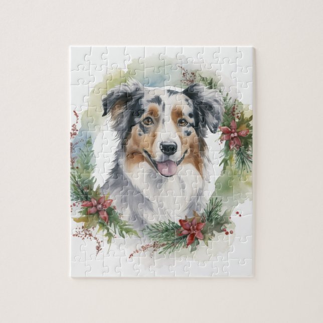 Puzzle Australian Shepherd Christmas Wreath Festive Pup (Vertical)