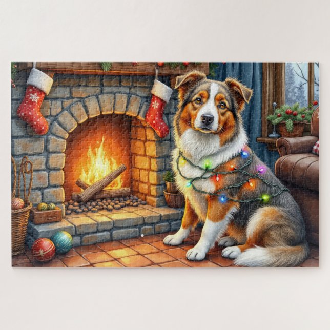 Puzzle Australian Shepherd Fireplace with Christmas Light (Horizontal)